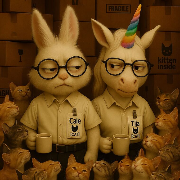 Cale the bunny and Tija the unicorn with coffee mugs, surrounded by cats and boxes saying kitten inside