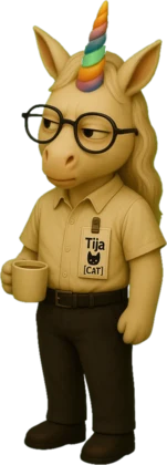 Tija as a unicorn with glasses and a [CaT] badge